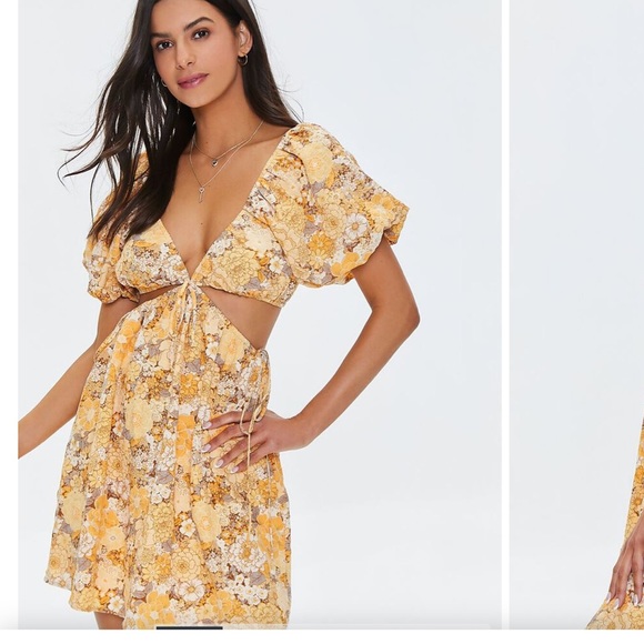 Yellow Floral Mini Dress with Cutouts - Picture 1 of 5